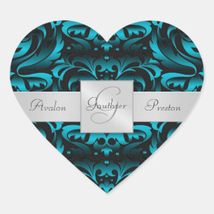 Cœur Élégant Sticker Mariage Turquoise Damas foncé