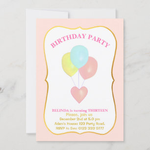 Coeur et ballons 13e anniversaire Invitation