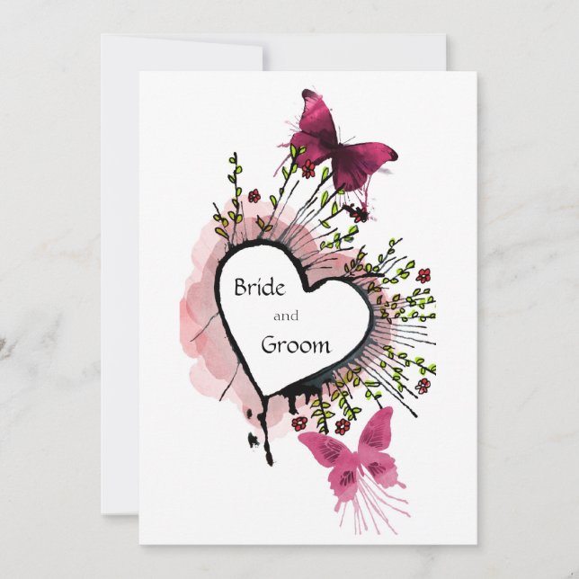 Coeur, fleurs et papillons Invitation (Devant)