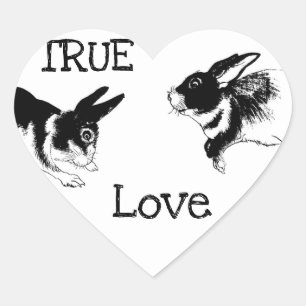 Cœur Lapins noirs et blancs, Sticker de coeur "TRUE LOV