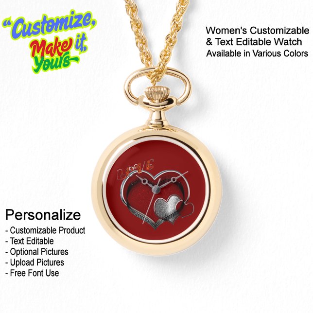 Coeur Magic Gold Collier Montre Rouge Visage (Women's Heart Magic Gold Necklace Watch Featuring a Red Face.)
