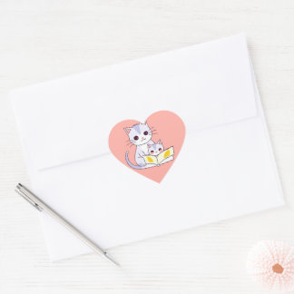 Cœur Mère Chat Lecture à son chaton rond Sticker Kitten