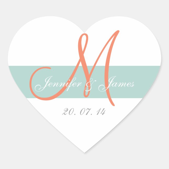 Cœur Mint Vert Orange Monogramme Mariage Faveur Sticker (Devant)