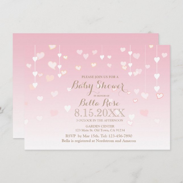 Coeur rose bébé fille douche invitations (Devant / Derrière)