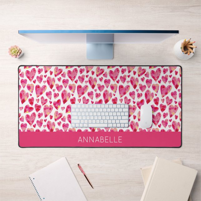 Coeur rose chaud Prénom personnalisé (Bureau 1)