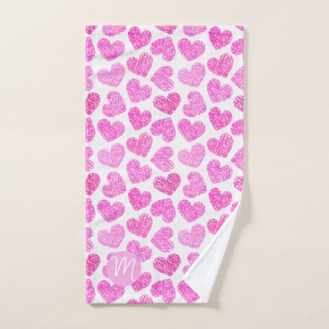 Coeur rose mignon Doodled Saint Valentin Monogramm (Serviette à main)