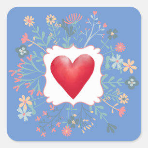 Coeur rouge, Frontière florale, Sticker Carré Vale