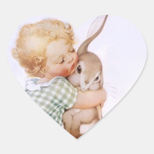 Cœur Sticker Antique Adorable Bunny de Pâques câlinés (Devant)