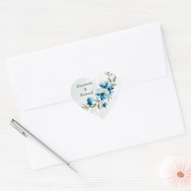 Cœur Sticker "Fleurs bleues" (Enveloppe)