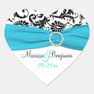 Cœur Sticker Mariage damassé bleu, blanc et noir