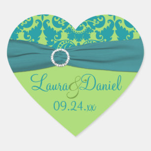 Cœur Sticker Mariage damassé vert pomme et Turquoise