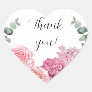 Cœur sticker Merci avec de belles fleurs roses