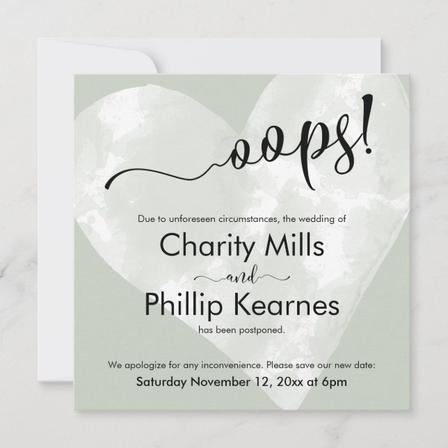 Coeur sur Sage Green Oops! Carte Mariage reportée (Devant)