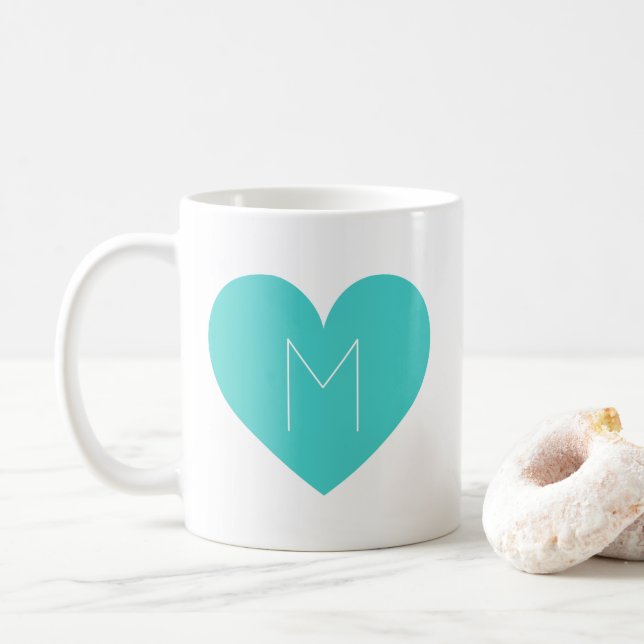 Coeur Turquoise Mug Monogramme Contemporain (Avec donut)