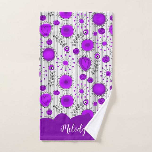 Coeurs blancs violet blanc Whimsical fleurs nom fl (Serviette à main)