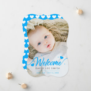 Coeurs bleu clair Baby Birth Photo Faire-part