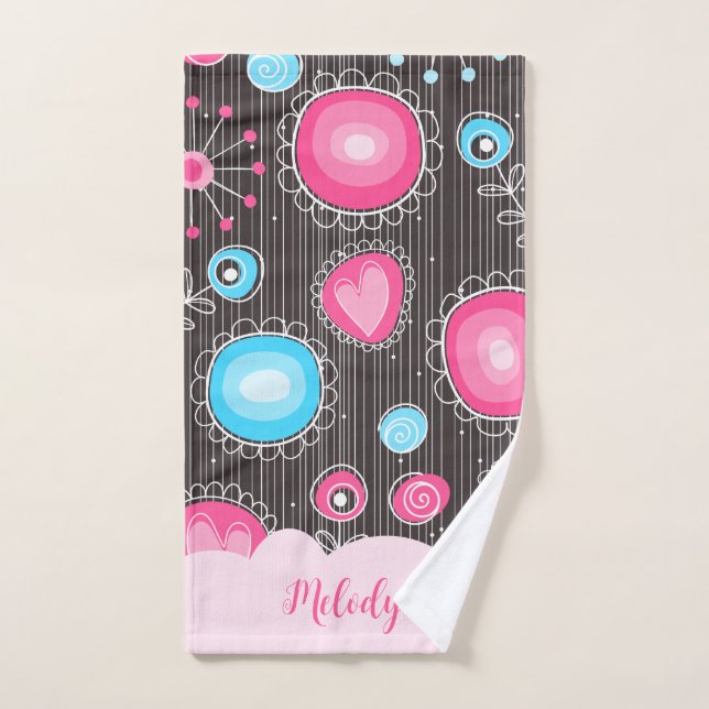 Coeurs bleu rose blanc et nom floral des fleurs (Serviette à main)