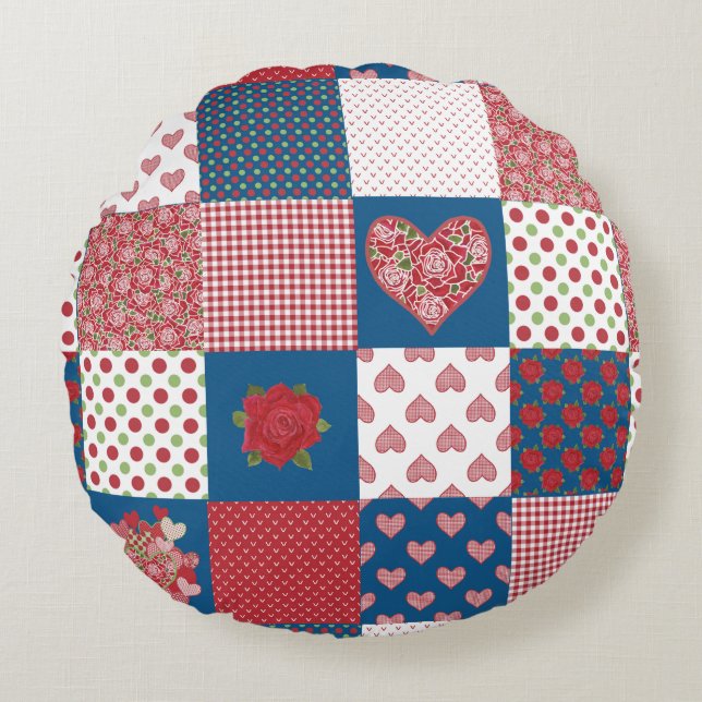 Coeurs chics et Rose Faux Patchwork Round Coussin (Devant)