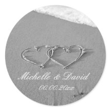 Coeurs dans sable plage mariage faveur autocollant