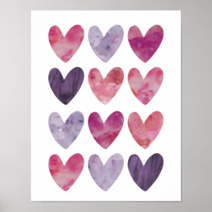 Coeurs d'aquarelle rose et violet imprimé affiche