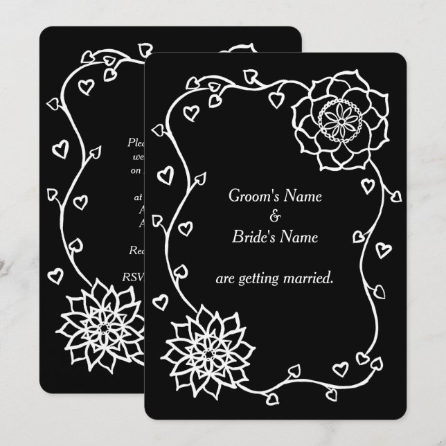 Coeurs de fleurs blanches sur les invitations noir (Devant / Derrière)