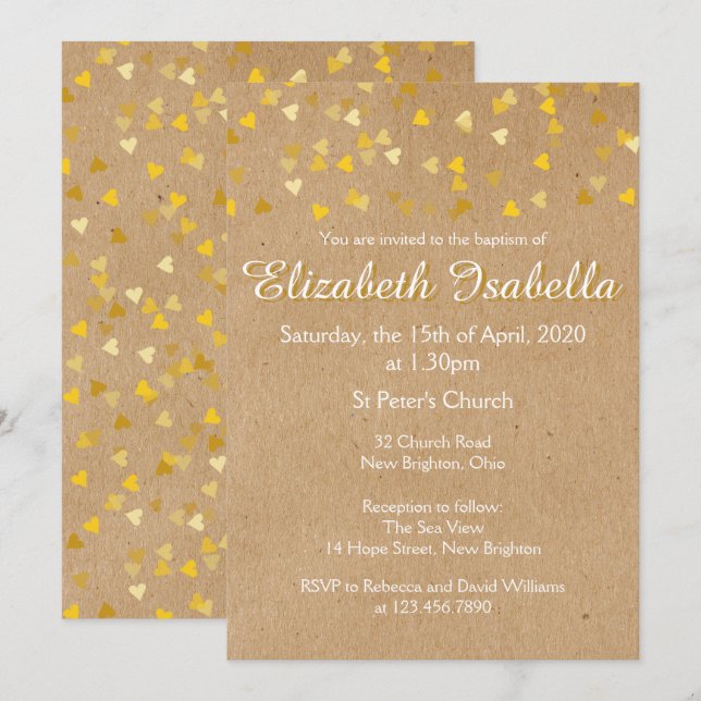 Coeurs d'or Baptême Christening Invitation (Devant / Derrière)