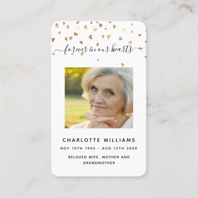 Coeurs d'or blanc photo carte de prière funéraire (Devant)