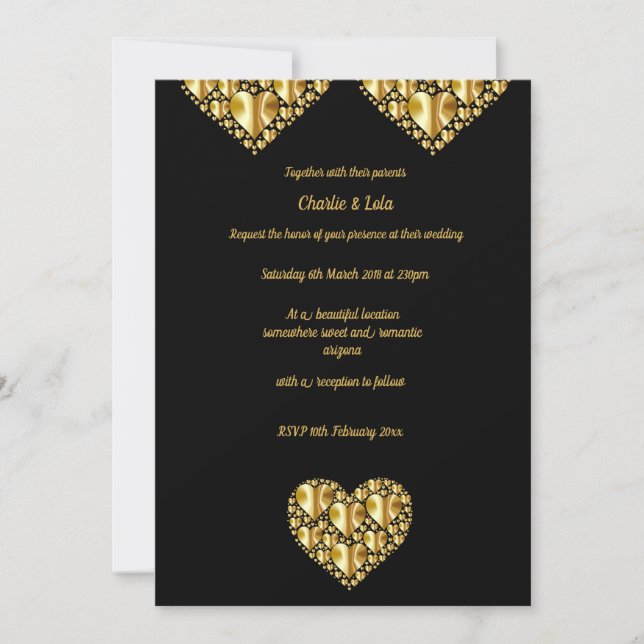 Coeurs d'or invitations mariage arrière - plan noi (Devant)