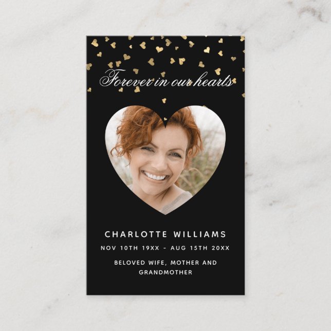 Coeurs d'or noir photo carte de prière funéraire (Devant)