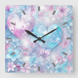 Coeurs et fleurs roses Aqua Horloge murale