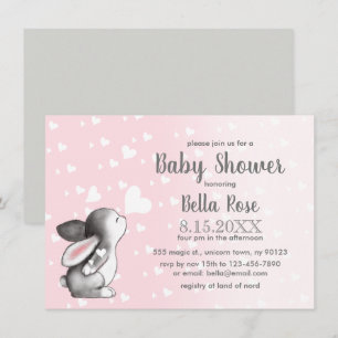 Coeurs gris rose Bunny Girl Baby shower Invitation