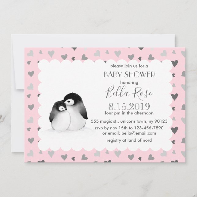Coeurs gris rose Pingouins Bébé Douche Invitations (Devant)