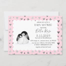 Coeurs gris rose Pingouins Bébé Douche Invitations