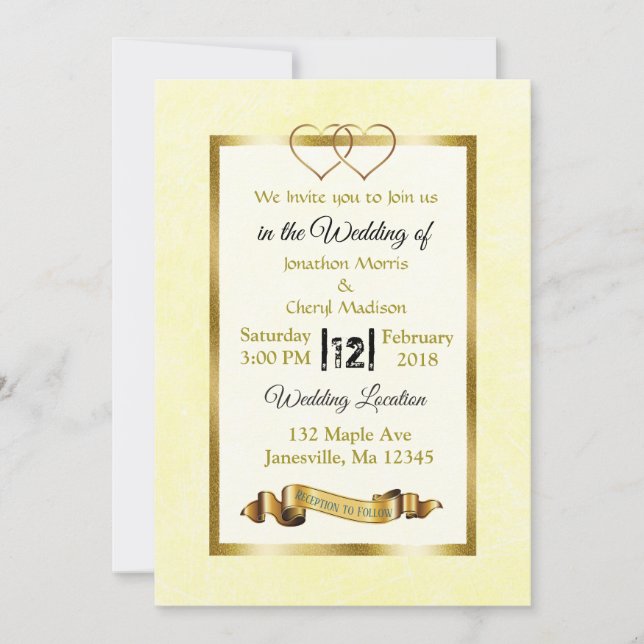 Coeurs jaune et or Invitations de mariage (Devant)