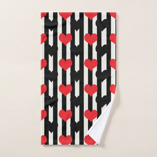 Coeurs Noirs Rouges Sur Bandes Blanches Noires (Serviette à main)