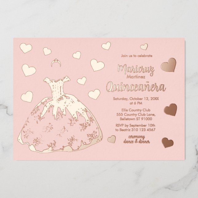 Coeurs or rose Quinceañera Invitation (Recto)
