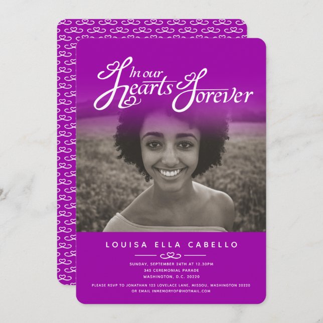 Coeurs photo rose violet invitations funéraires (Devant / Derrière)