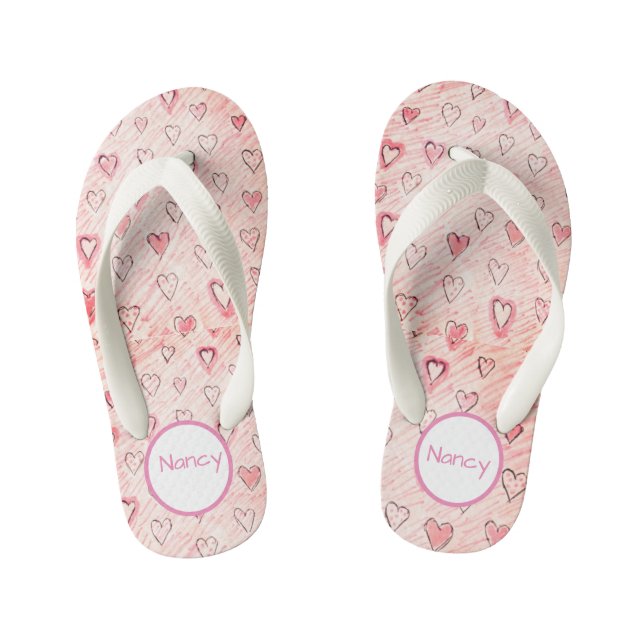 Coeurs rose et blanc avec nom Paire de tongs (Semelle)