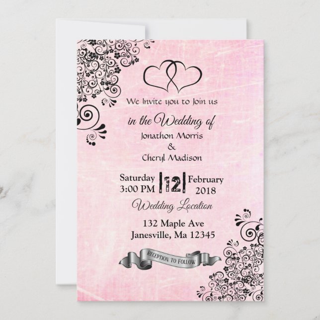Coeurs rose et noir Invitations de mariage (Devant)