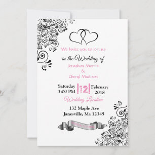 Coeurs rose, noir et blanc Invitations de mariage