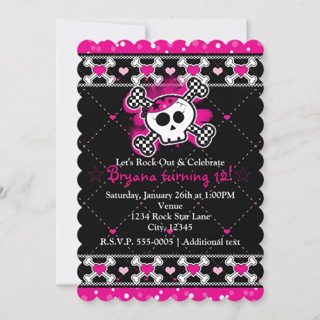 Coeurs roses, crâne et Crossbones Invitations (Devant)