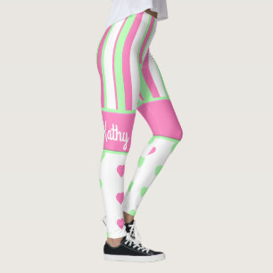 Coeurs roses et vertes et rayures Leggings