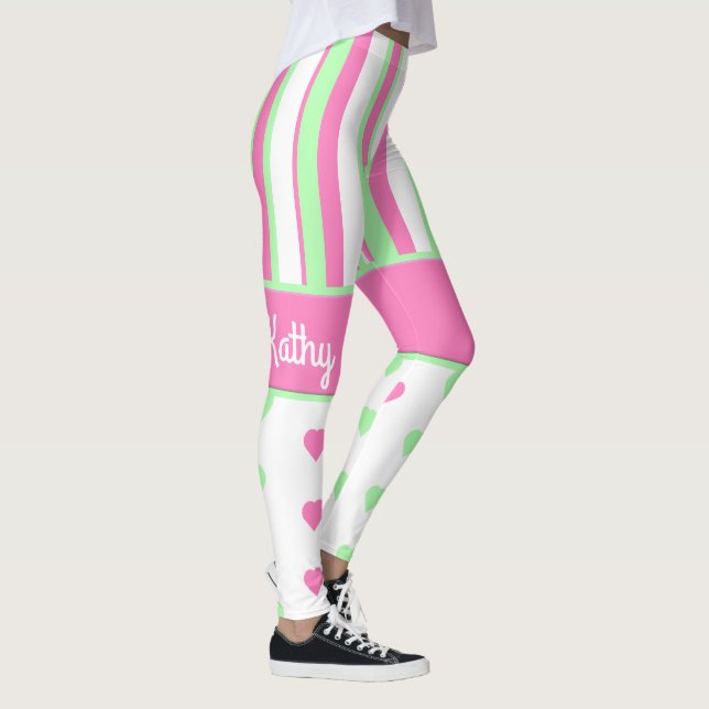 Coeurs roses et vertes et rayures Leggings (Droite)