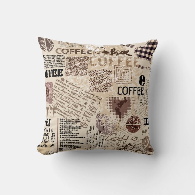 Coffee. Abstraktes Kaffeemuster auf braunem Hinter Kissen (Vorderseite)