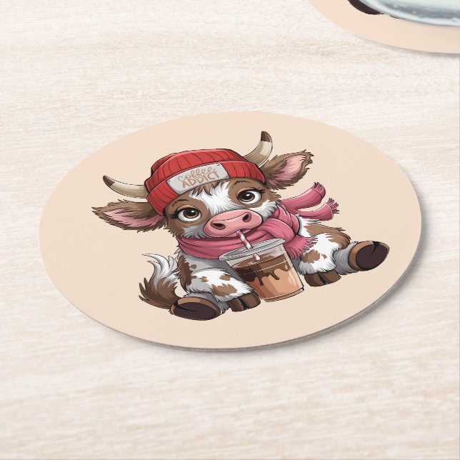 Coffee Addict Cow Runder Pappuntersetzer (Angewinkelt)