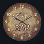 Coffee Bar  Große Wanduhr<br><div class="desc">This rustic Coffee Bar wall clock features a warm coffee-inspired design with a simulated burlap texture and natural coffee stain effects. The background mimics coffee splashes on fabric, creating a cozy and authentic café atmosphere. The soft beige and coffee tones make this clock a perfect addition to kitchen spaces, coffee...</div>