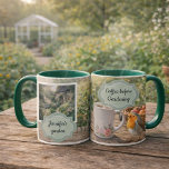 Coffee before gardening robin morning garden photo tasse<br><div class="desc">Coffee before gardening,  personal morning garden with robin bird,  photo mug.
Slow garden moment,  start the day in the garden.
Add your own photo,  name and text to personalize.</div>