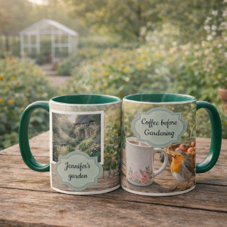 Coffee before gardening robin morning garden photo tasse