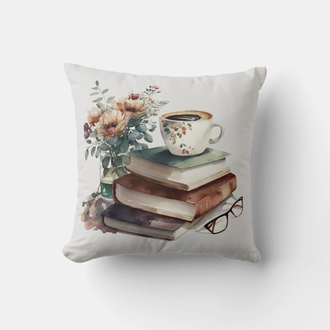 Coffee Boho Floral Green Brown Wasserfarbe Kissen (Vorderseite)