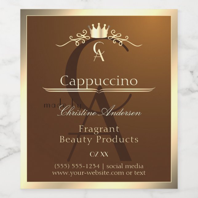 Coffee Brown Product Label Gold Frame und Monogram Weinetikett (Einzelnes Label)